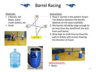 Barrel Racing
Instructions:
1. Place 3 barrels in the pattern shown.
The distance between the barrels
depends on the space available.
2. The barrels should be large enough to
be seen from the start/finish line and
from each barrel.
3. Draw tape or chalk lines to show the
path to follow with arrows showing
the direction of travel.
Materials:
• 3 Barrels, tall
boxes, water
cooler bottles, etc.
• Chalk
Safety Concerns:
• None.
Start & Finish
13
 