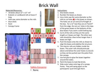 Brick Wall
Instructions:
1. Glue boxes closed.
2. Number the boxes as shown.
3. Use a hole saw the same diameter as the
rolls to cut holes in the boxes as shown.
The holes are at 1/3 and 2/3 of length of
the box. For a 12” box they are at 3”and 9”
from the edge. Do not cut holes in the tops
of the green boxes or the bottoms of the
blue boxes if you want a solid looking top.
4. Cut 6 of the rolls so they are the same
length as 3 boxes are high. The other two
rolls should be a few inches longer than 3
boxes are high.
5. Push the boxes onto the rolls as shown to
align the boxes and stabilize the structure.
6. The interior rolls are hidden inside the
boxes. The outer rolls should protrude
above and below the outer boxes (1,5,8,12)
so they can be pushed over the poles from
the canopy.
7. Use hot glue to glue the boxes together
around the tubes.
8. Paint the boxes to look like bricks.
9. Slide outer tubes onto legs of a canopy
frame. They will swing apart as the
participants' push through them.
Materials/Resources:
• 16 boxes about 12” x 12” x 6”
• 8 plastic or cardboard rolls at lease 3’
long
• Hole saw, same diameter as the rolls
• Glue sticks
• Paint
• Canopy Frame
Safety Concerns:
• None.
5
3
6
4
1 2
11 12
10
87
9
 