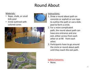 Round About
Instructions:
1. Draw a round about path on
concrete or asphalt or use rope
to outline the path or use a kids
pool to form a circle.
2. For a more complicated
path, the round about path can
have one entrance and one
exit, either across from each
other or at 90 from each
other.
3. Participants have to go around
the circle or round about path
until they reach the exit path.
Materials:
• Rope, chalk, or small
kids pool
• Circle outlined with
colored cones
Safety Concerns:
• None.
24
 