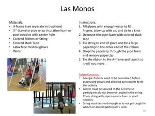 Las Monos
Instructions:
1. Fill gloves with enough water to fill
fingers, blow up with air, and tie in a knot
2. Decorate the pipe foam with colored duck
tape
3. Tie string to end of glove and tie a large
paperclip to the other end of the ribbon
4. Drop the paperclip through the pipe foam
and remove paperclip
5. Tie the ribbon to the A-frame and tape it so
it will not move.
Materials:
• A-frame (see separate instructions)
• ½” diameter pipe wrap insulation foam or
pool noodles with center hole
• Colored Ribbon or String
• Colored Duck Tape
• Latex free medical gloves
• Water
30
Safety Concerns:
• Allergies to latex need to be considered before
purchasing gloves and allowing participants to do
this activity
• Gloves must be secured to the A-frame so
participants do not become tangled in the string.
Cover string with pipe insulator foam or pool
noodles.
• String must be short enough as to not get caught in
wheels or around participant’s neck.
 