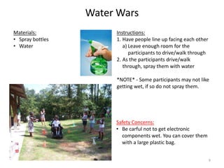 Water Wars
Instructions:
1. Have people line up facing each other
a) Leave enough room for the
participants to drive/walk through
2. As the participants drive/walk
through, spray them with water
*NOTE* - Some participants may not like
getting wet, if so do not spray them.
Materials:
• Spray bottles
• Water
Safety Concerns:
• Be carful not to get electronic
components wet. You can cover them
with a large plastic bag.
9
 