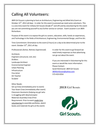 Calling All Volunteers:
JBER Girl Scouts is planning to host an Architecture, Engineering and Allied Arts Event on
October 15th, 2011 (all day). In order for this event to proceed we need some volunteers. This
is a one-time event for military Girl Scouts (Grade 4th and UP) and by volunteering for this event
you are not committing yourself to any further service or contact. Event Location is on JBER-
Richardson.

Purpose of the event is to expose the girls to careers, education, skills, hands on experiences,
and Technology in the fields of Architecture, Engineering, Environmental Design, and Fine Art.

Time Commitment: Orientation to the event (2 hours) on a day to be determined prior to the
event. October 15th, 2011 all day

Professionals (Active, Retired, Experienced)        In order for this event to go forward we
                                                    need timely responses so that advertising
Architects
                                                    can go out about the event.
Engineers (structural, civil, etc)
Drafters
                                                    If you are interested in Volunteering for this
Landscape Architect
                                                    event or would like more information:
Environmental Engineer
                                                    Please Contact:
Urban Planning
                                                    Sarah Richmond- JBER Girl Scouts
Infrastructure
                                                    JBERGirlScouts@yahoo.com
Fine Artist
                                                    573-433-0354
Art Teacher
Sculptor

Other Needs:
Set up Crew (immediately prior to event)                      JBER Girl Scouts
Tear Down Crew (immediately after event)
Classroom Assistants (helping any girl who
is struggling with idea/concepts)
Materials Assembly Crew (Time
Requirement- Prior to event single time
volunteering to assemble portfolios, sketch
books and materials for girls at the event)
 