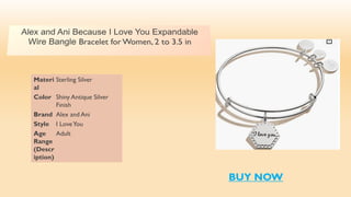 BUY NOW
Materi
al
Sterling Silver
Color Shiny Antique Silver
Finish
Brand Alex and Ani
Style I LoveYou
Age
Range
(Descr
iption)
Adult
 