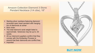  Sterling silver necklace featuring diamond-
accented open heart pendant with hanging
trio of diamonds at center
 Rolo chain
 The total diamond carat weight listed is
approximate. Variances may be up to .03
carats.
 All our diamond suppliers confirm that they
comply with the Kimberley Process to
ensure that their diamonds are conflict free.
 Imported
BUY NOW
 