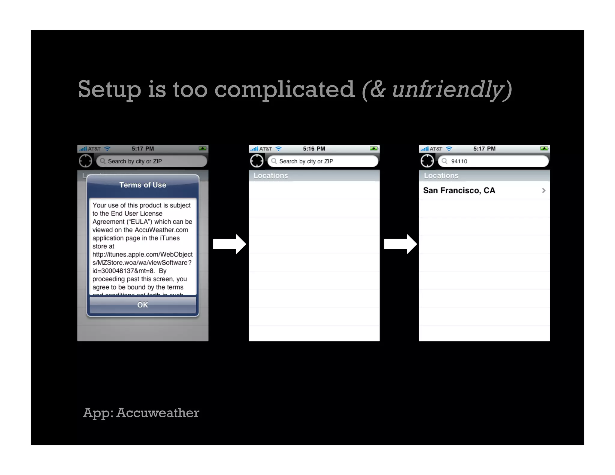 Setup is too complicated (& unfriendly)




App: Accuweather
 