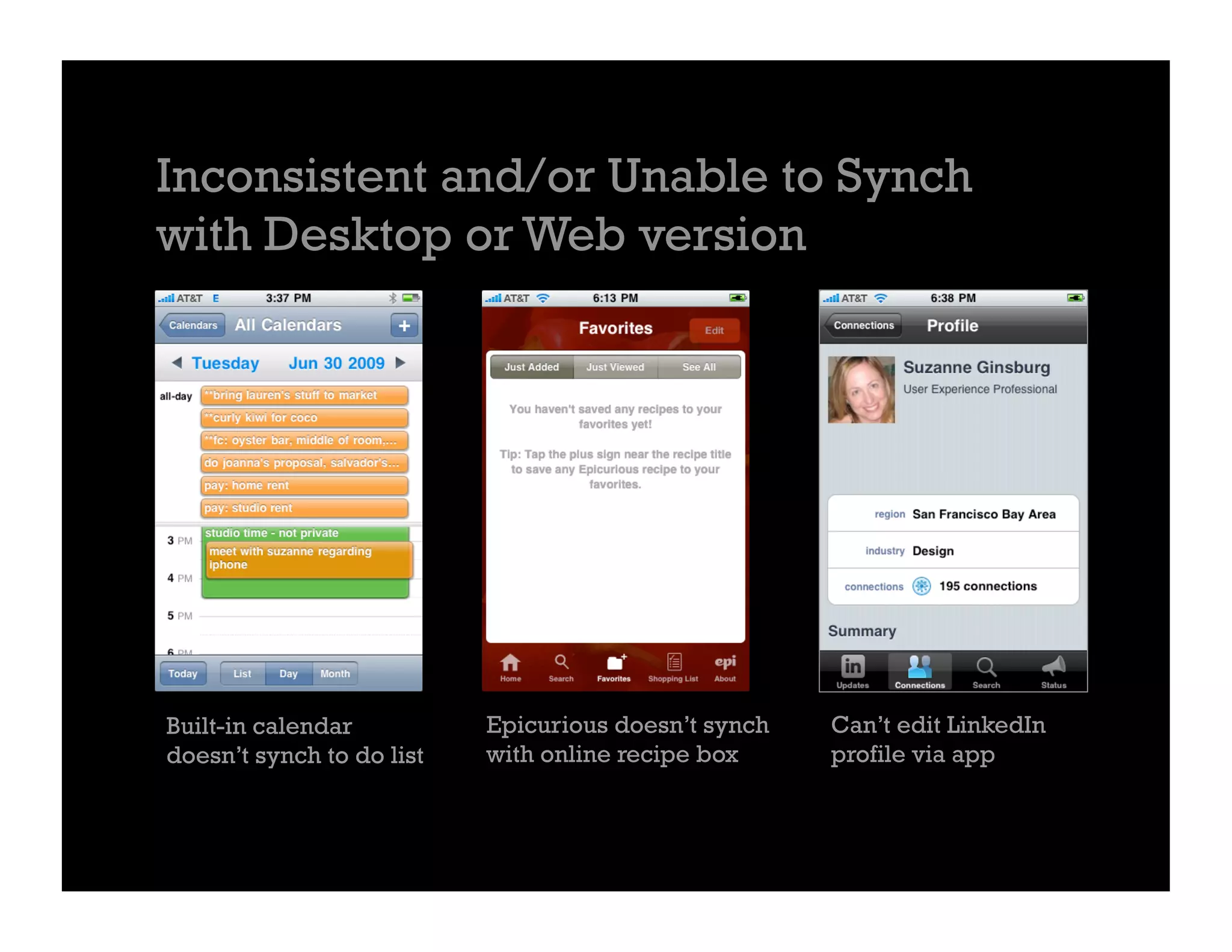 Inconsistent and/or Unable to Synch
with Desktop or Web version




Built-in calendar          Epicurious doesn’t synch   Can’t edit LinkedIn
doesn’t synch to do list   with online recipe box     profile via app
 