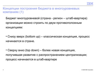 Концепции построения бюджета в многоуровневых компаниях (1) Бюджет многоуровневой (страна - регион – штаб-квартира) организации можно строить по двум противоположным концепциям: Снизу вверх ( bottom up)  – классическая концепция, процесс начинается в стране. Сверху вниз ( top down) –  более новая концепция, получившая развитие с распространением централизации; процесс начинается в штаб-квартире 