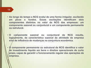 • Ao longo do tempo a NCG evolui de uma forma irregular, oscilando
em picos e fundos. Essas oscilações identificam dois
componentes distintos no valor da NCG das empresas: um
componente sazonal ou conjuntural e um componente permanente
ou estrutural.
• O componente sazonal ou conjuntural da NCG resulta,
logicamente, da característica sazonal da atividade da empresa
e/ou da influência de mudanças na conjuntura econômica.
• O componente permanente ou estrutural da NCG identifica o valor
de investimento líquido em bens e direitos operacionais de curto
prazo, capaz de garantir o funcionamento regular das operações da
empresa.
14
 