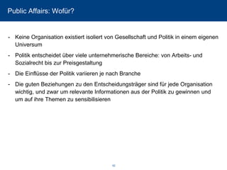 Public Affairs: Wofür? 
-Keine Organisation existiert isoliert von Gesellschaft und Politik in einem eigenen Universum 
-Politik entscheidet über viele unternehmerische Bereiche: von Arbeits-und Sozialrecht bis zur Preisgestaltung 
-Die Einflüsse der Politik variieren je nach Branche 
-Die guten Beziehungen zu den Entscheidungsträger sind für jede Organisation wichtig, und zwar um relevante Informationen aus der Politik zu gewinnen und um auf ihre Themen zu sensibilisieren 
62 
 