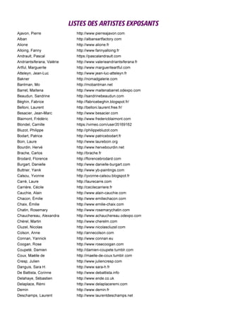 LISTES DES ARTISTES EXPOSANTS
Ajavon, Pierre http://www.pierreajavon.com
Alban http://albansartfactory.com
Alione http://www.alione.fr
Alloing, Fanny http://www.fannyalloing.fr
Andrault, Pascal https://pascalandrault.com
Andriantsiferana, Valérie http://www.valerieandriantsiferana.fr
Artful, Marguerite http://www.margueriteartful.com
Atteleyn, Jean-Luc http://www.jean-luc-atteleyn.fr
Bakner http://nomadgalerie.com
Bantman, Mo http://mobantman.net
Barret, Maïtena http://www.maitenabarret.odexpo.com
Beaudun, Sandrine http://sandrinebeaudun.com
Béghin, Fabrice http://fabricebeghin.blogspot.fr/
Belloni, Laurent http://belloni.laurent.free.fr/
Besacier, Jean-Marc http://www.besacier.com
Blaimont, Frédéric http://www.fredericblaimont.com
Blondel, Camille https://vimeo.com/user35169162
Bluzot, Philippe http://philippebluzot.com
Bodart, Patrice http://www.patricebodart.fr
Boin, Laure http://www.laureboin.org
Bourdin, Hervé http://www.hervebourdin.net
Brache, Carlos http://brache.fr
Brodard, Florence http://florencebrodard.com
Burgart, Danielle http://www.danielle-burgart.com
Buttner, Yanik http://www.yb-paintings.com
Calsou, Yvonne http://yvonne-calsou.blogspot.fr
Carré, Laure http://laurecarre.com
Carrière, Cécile http://cecilecarriere.fr
Cauchie, Alain http://www.alain-cauchie.com
Chacon, Émilie http://www.emiliechacon.com
Chaix, Émilie http://www.emilie-chaix.com
Chatin, Rosemary http://www.rosemarychatin.com
Chauchereau, Alexandra http://www.achauchereau.odexpo.com
Chérel, Martin http://www.cherelm.com
Cluzel, Nicolas http://www.nicolascluzel.com
Colson, Anne http://annecolson.com
Connan, Yannick http://www.connan.eu
Coogan, Rose http://www.rosecoogan.com
Coupeté, Damien http://damien-coupete.tumblr.com
Coux, Maëlle de http://maelle-de-coux.tumblr.com
Cresp, Julien http://www.juliencresp.com
Danguis, Sara H. http://www.sara-h.fr
De Battista, Corinne http://www.debattista.info
Delahaye, Sébastien http://www.ende.co.uk
Delaplace, Rémi http://www.delaplaceremi.com
Demin http://www.demin.fr
Deschamps, Laurent http://www.laurentdeschamps.net
 