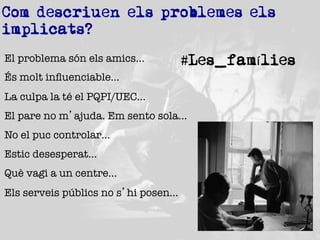 Com descriuen els problemes els
implicats?
El problema són els amics…

#Les_famílies

És molt inﬂuenciable…
La culpa la té el PQPI/UEC…
El pare no m’ajuda. Em sento sola…
No el puc controlar…
Estic desesperat…
Què vagi a un centre…
Els serveis públics no s’hi posen…

 