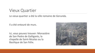 Vieux Quartier
Le vieux quartier a été la ville romaine de Gerunda.
Il a été entouré de murs.
Ici, vous pouvez trouver: Monastère
de San Pedro de Galligants, la
chapelle de Saint-Nicolas ou la
Basilique de San Félix.
 