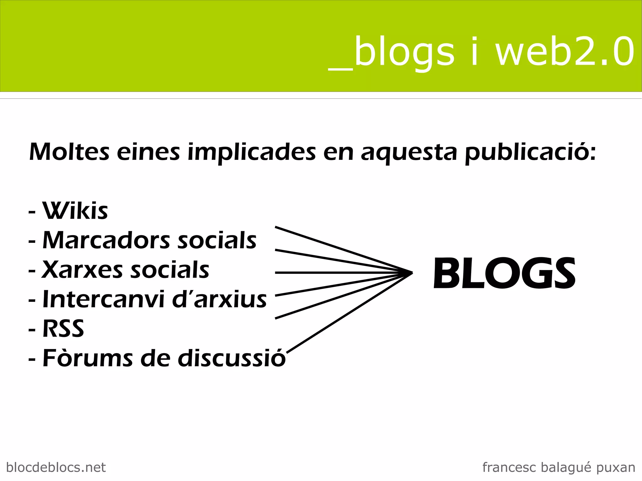 _blogs i web2.0

   Moltes eines implicades en aquesta publicació:

   - Wikis
   - Marcadors socials
   - Xarxes socials
   - Intercanvi d’arxius
                                   BLOGS
   - RSS
   - Fòrums de discussió



blocdeblocs.net                        francesc balagué puxan
 