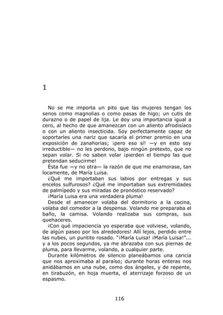 1

   No se me importa un pito que las mujeres tengan los
senos como magnolias o como pasas de higo; un cutis de
durazno o de papel de lija. Le doy una importancia igual a
cero, al hecho de que amanezcan con un aliento afrodisíaco
o con un aliento insecticida. Soy perfectamente capaz de
soportarles una nariz que sacaría el primer premio en una
exposición de zanahorias; ¡pero eso sí! —y en esto soy
irreductible— no les perdono, bajo ningún pretexto, que no
sepan volar. Si no saben volar ¡pierden el tiempo las que
pretendan seducirme!
   Ésta fue —y no otra— la razón de que me enamorase, tan
locamente, de María Luisa.
   ¿Qué me importaban sus labios por entregas y sus
encelos sulfurosos? ¿Qué me importaban sus extremidades
de palmípedo y sus miradas de pronóstico reservado?
   ¡María Luisa era una verdadera pluma!
   Desde el amanecer volaba del dormitorio a la cocina,
volaba del comedor a la despensa. Volando me preparaba el
baño, la camisa. Volando realizaba sus compras, sus
quehaceres.
   ¡Con qué impaciencia yo esperaba que volviese, volando,
de algún paseo por los alrededores! Allí lejos, perdido entre
las nubes, un puntito rosado. “¡María Luisa! ¡María Luisa!”...
y a los pocos segundos, ya me abrazaba con sus piernas de
pluma, para llevarme, volando, a cualquier parte.
   Durante kilómetros de silencio planeábamos una caricia
que nos aproximaba al paraíso; durante horas enteras nos
anidábamos en una nube, como dos ángeles, y de repente,
en tirabuzón, en hoja muerta, el aterrizaje forzoso de un
espasmo.



                              116
 