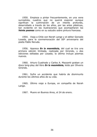 1950. Empieza a pintar frecuentemente, en una vena
surrealista, cuadros que no querrá exponer aunque
significan la culminación de un interés profundo,
desarrollado a través de los años, por las artes plásticas,
tan evidente en las ilustraciones que acompañaron los
Veinte poemas como en su estudio sobre pintura francesa.


   1954. Viaja a Chile con Norah Lange y el editor Gonzalo
Losada, para la conmemoración del 50º aniversario del
poeta Pablo Neruda.


   1956. Aparece En la masmédula, del cual se tira una
primera edición limitada, realizada por Girondo, y dos
ediciones editadas por Losada; la última incluye poemas
nuevos.


    1960. Arturo Cuadrado y Carlos A. Mazzanti graban un
disco long-play del libro En la masmédula, leído por Oliverio
Girondo.


   1961. Sufre un accidente que habría de disminuirlo
durante los últimos años de su vida.


   1965. Último viaje a Europa, en compañía de Norah
Lange.


   1967. Muere en Buenos Aires, el 24 de enero.




                              36
 