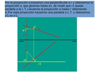 Por la proyección e,trazamos una perpendicular a r y obtenemos la
proyección a, que giramos hasta a1, de modo que r1 queda
paralela a la L.T..Llevamos la proyección a hasta r' obteniendo
a'.Por esta proyección trazamos una paralela a L.T. y obtenemos
a'1 en e'.