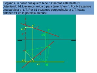 Elegimos un punto cualquiera b de r. Giramos éste hasta r1
obteniendo b1.Llevamos arriba b para tener b' en r'. Por b' trazamos
una paralela a L.T..Por b1 trazamos perpendicular a L.T. hasta
obtener b'1 en la paralela anterior.