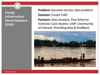 Energy 
Infrastructure 
Attack Database 
(EIAD) 
 Problem: Dynamic terrain, data problem 
 Solution: Create EIAD 
 Partners: Data Analysis: Paul Scherrer 
Institute; Case Studies: USIP; Community 
of Interest: Providing data & feedback 
www.css.ethz.ch 
 