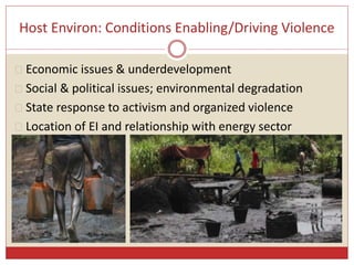 Host Environ: Conditions Enabling/Driving Violence 
 Economic issues & underdevelopment 
 Social & political issues; environmental degradation 
 State response to activism and organized violence 
 Location of EI and relationship with energy sector 
 