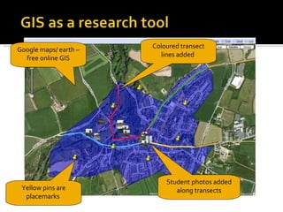 Google maps/ earth – free online GIS Yellow pins are placemarks  Student photos added along transects Coloured transect lines added  
