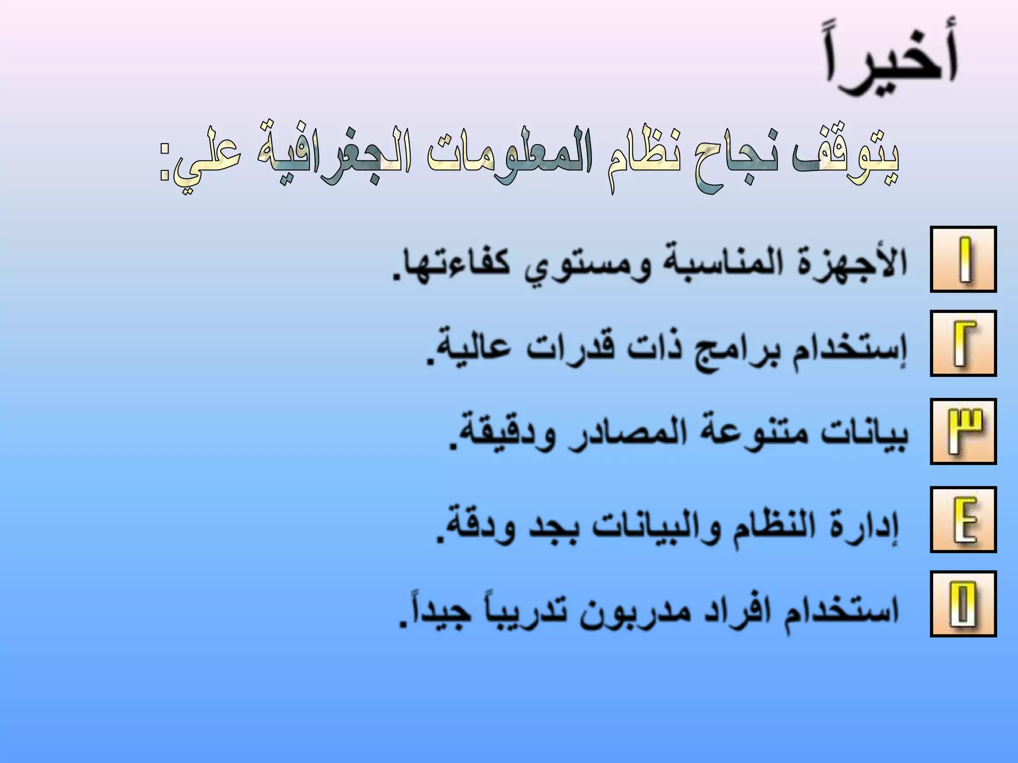 أخيراًيتوقف نجاح نظام المعلومات الجغرافية علي:الأجهزة المناسبة ومستوي كفاءتها.إستخدام برامج ذات قدرات عالية.بيانات متنوعة المصادر ودقيقة.إدارة النظام والبيانات بجد ودقة.استخدام افراد مدربون تدريباً جيداً.