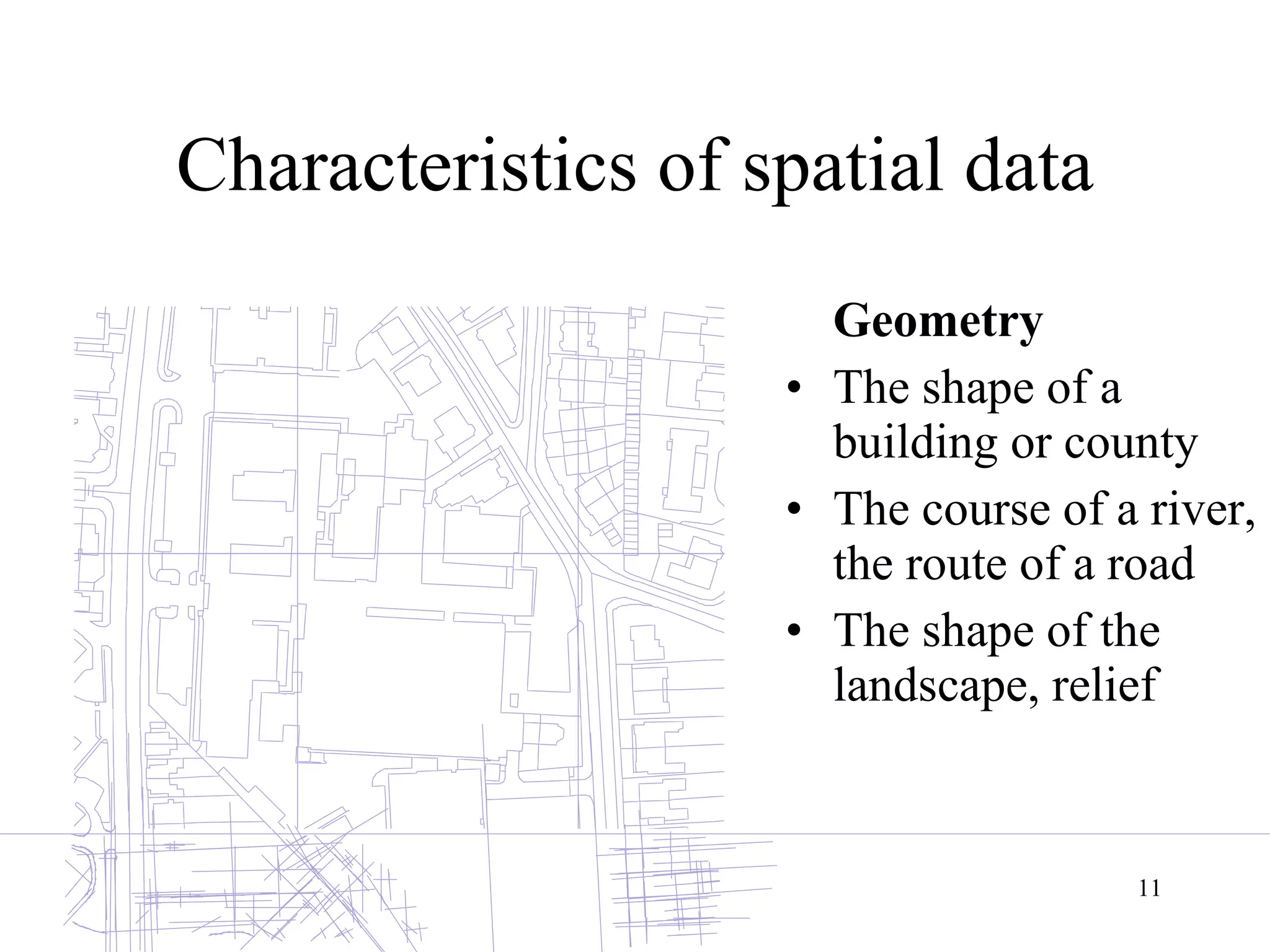 Characteristics of spatial data Geometry The shape of a building or county The course of a river, the route of a road The shape of the landscape, relief 