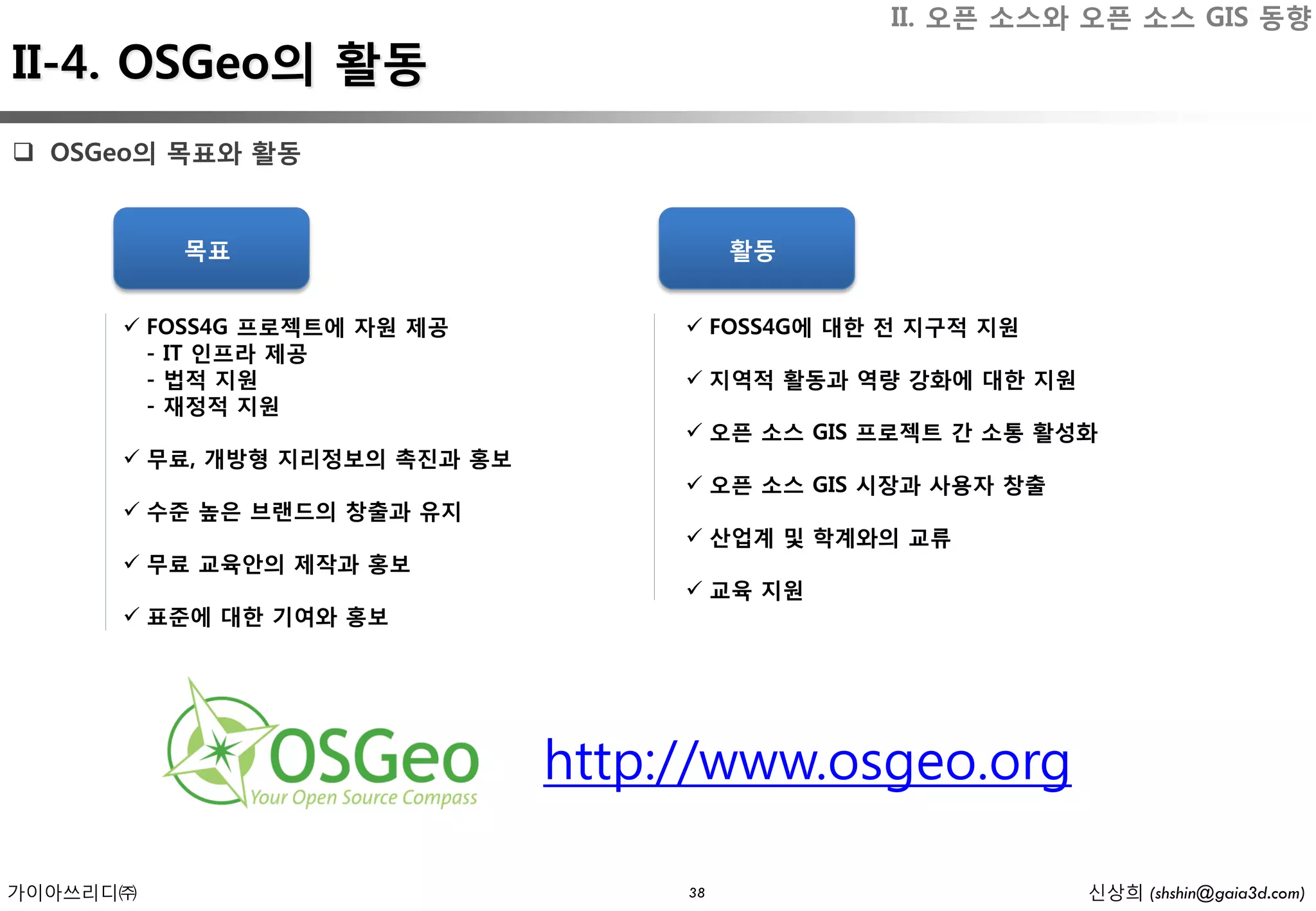 II. 오픈 소스와 오픈 소스 GIS 동향
II-4. OSGeo의 활동
 OSGeo의 목표와 활동


          목표                             활동


       FOSS4G 프로젝트에 자원 제공           FOSS4G에 대한 전 지구적 지원
        - IT 인프라 제공
        - 법적 지원                      지역적 활동과 역량 강화에 대한 지원
        - 재정적 지원
                                     오픈 소스 GIS 프로젝트 간 소통 활성화
       무료, 개방형 지리정보의 촉진과 홍보
                                     오픈 소스 GIS 시장과 사용자 창출
       수준 높은 브랜드의 창출과 유지
                                     산업계 및 학계와의 교류
       무료 교육안의 제작과 홍보
                                     교육 지원
       표준에 대한 기여와 홍보




                               http://www.osgeo.org

가이아쓰리디㈜                             38                       신상희 (shshin@gaia3d.com)
 