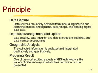 Principle
  Data Capture
    Data sources are mainly obtained from manual digitization and
    scanning of aerial photogra...
