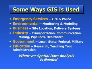 Some Ways GIS is Used Emergency Services   –  Fire & Police   Environmental   –   Monitoring & Modeling Business   –  Site Location, Delivery Systems Industry   –  Transportation, Communication,  Mining, Pipelines, Healthcare   Government   –  Local, State, Federal, Military Education   –  Research, Teaching Tool, Administration Wherever Spatial Data Analysis  is Needed 
