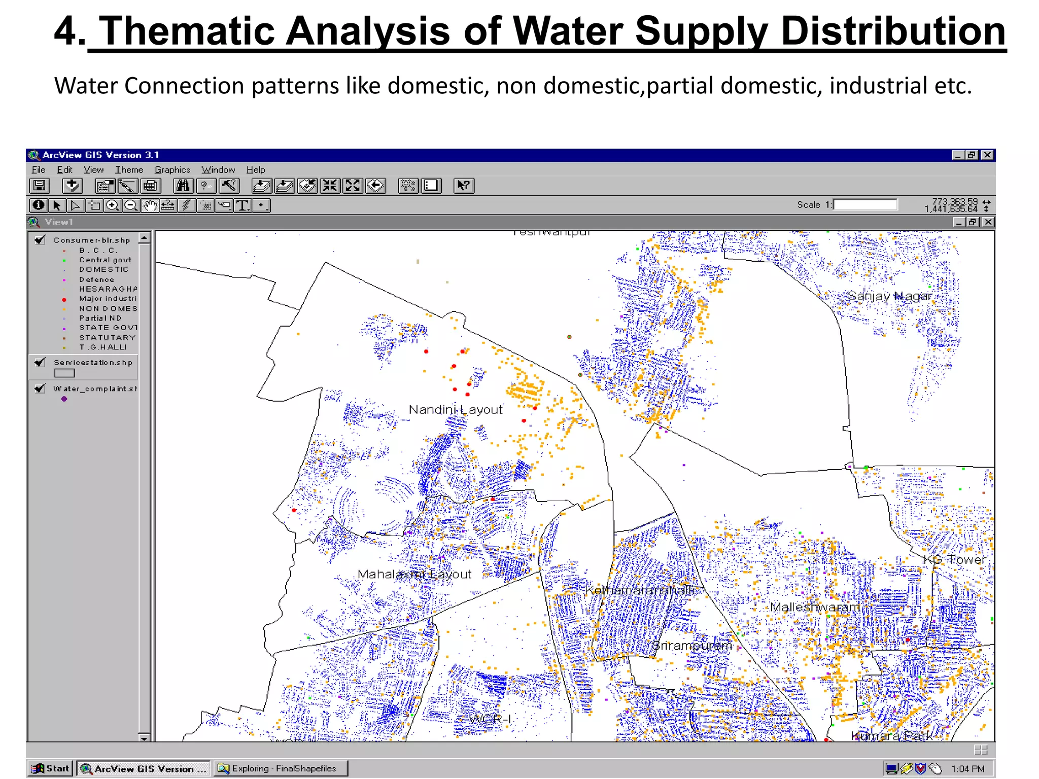 4. Thematic Analysis of Water Supply Distribution
Water Connection patterns like domestic, non domestic,partial domestic, industrial etc.
 