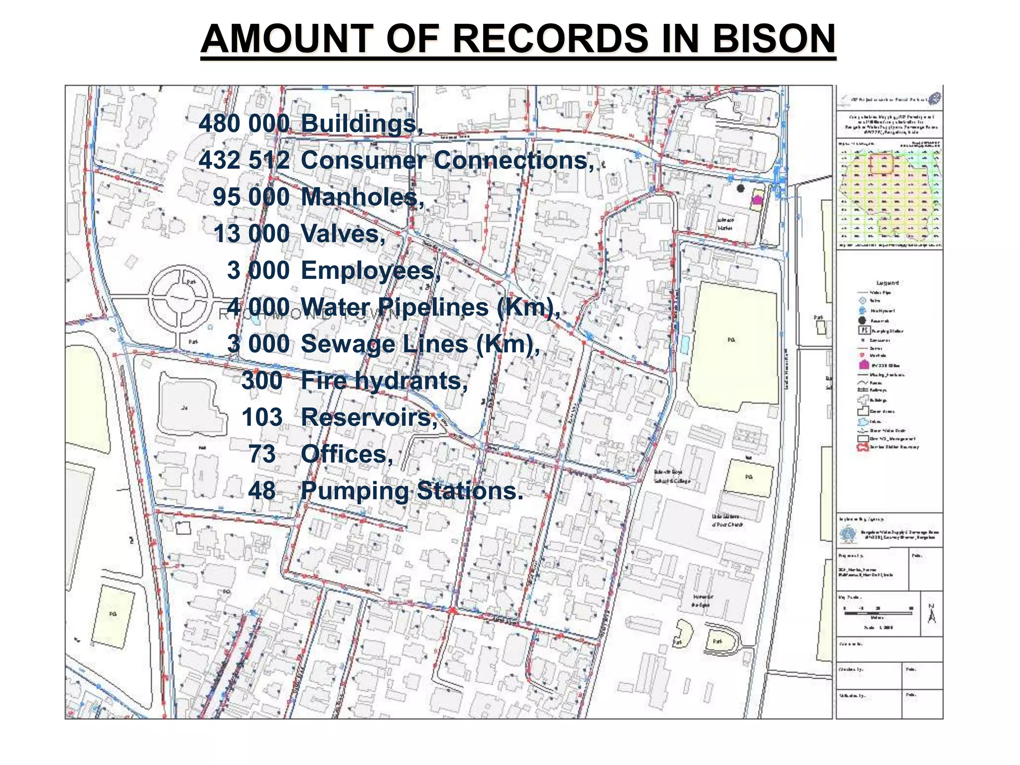 480 000 Buildings,
432 512 Consumer Connections,
95 000 Manholes,
13 000 Valves,
3 000 Employees,
4 000 Water Pipelines (Km),
3 000 Sewage Lines (Km),
300 Fire hydrants,
103 Reservoirs,
73 Offices,
48 Pumping Stations.
AMOUNT OF RECORDS IN BISON
 