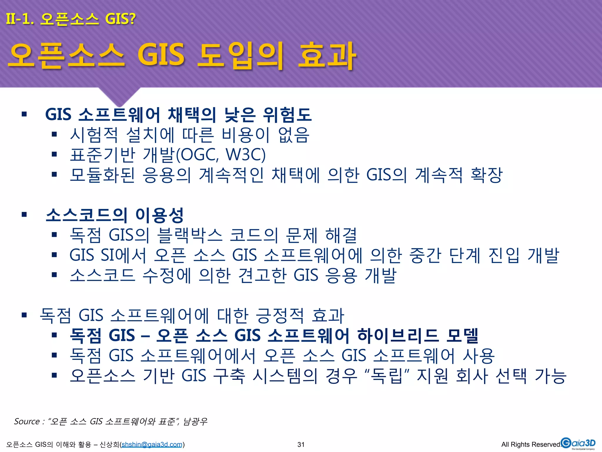 II-1. 오픈소스 GIS? 
오픈소스 GIS 도입의 효과 
! GIS 소프트웨어 채택의 낮은 위험도 
! 시험적 설치에 따른 비용이 없음 
! 표준기반 개발(OGC, W3C) 
! 모듈화된 응용의 계속적인 채택에 의한 GIS의 계속적 확장 
! 소스코드의 이용성 
! 독점 GIS의 블랙박스 코드의 문제 해결 
! GIS SI에서 오픈 소스 GIS 소프트웨어에 의한 중간 단계 진입 개발 
! 소스코드 수정에 의한 견고한 GIS 응용 개발 
! 독점 GIS 소프트웨어에 대한 긍정적 효과 
! 독점 GIS – 오픈 소스 GIS 소프트웨어 하이브리드 모델 
! 독점 GIS 소프트웨어에서 오픈 소스 GIS 소프트웨어 사용 
! 오픈소스 기반 GIS 구축 시스템의 경우 “독립” 지원 회사 선택 가능 
Source : “오픈 소스 GIS 소프트웨어와 표준”, 남광우 
오픈소스 GIS의 이해와 활용 – 신상희(shshin@gaia3d.com) 
31 All Rights Reserved. 
 