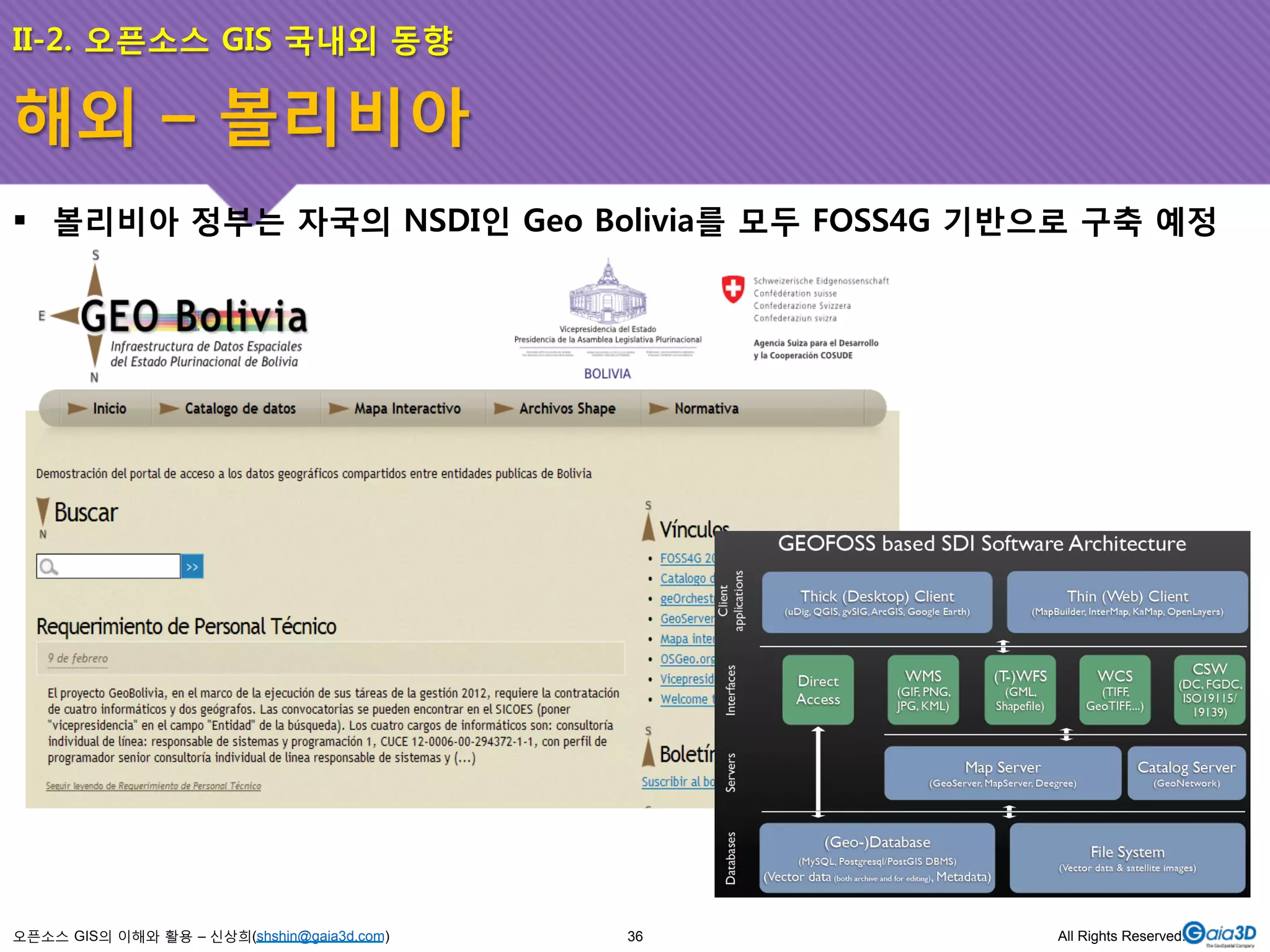 II-2. 오픈소스 GIS 국내외 동향 
해외 – 볼리비아 
! 볼리비아 정부는 자국의 NSDI인 Geo Bolivia를 모두 FOSS4G 기반으로 구축 예정 
오픈소스 GIS의 이해와 활용 – 신상희(shshin@gaia3d.com) 
36 All Rights Reserved. 
 