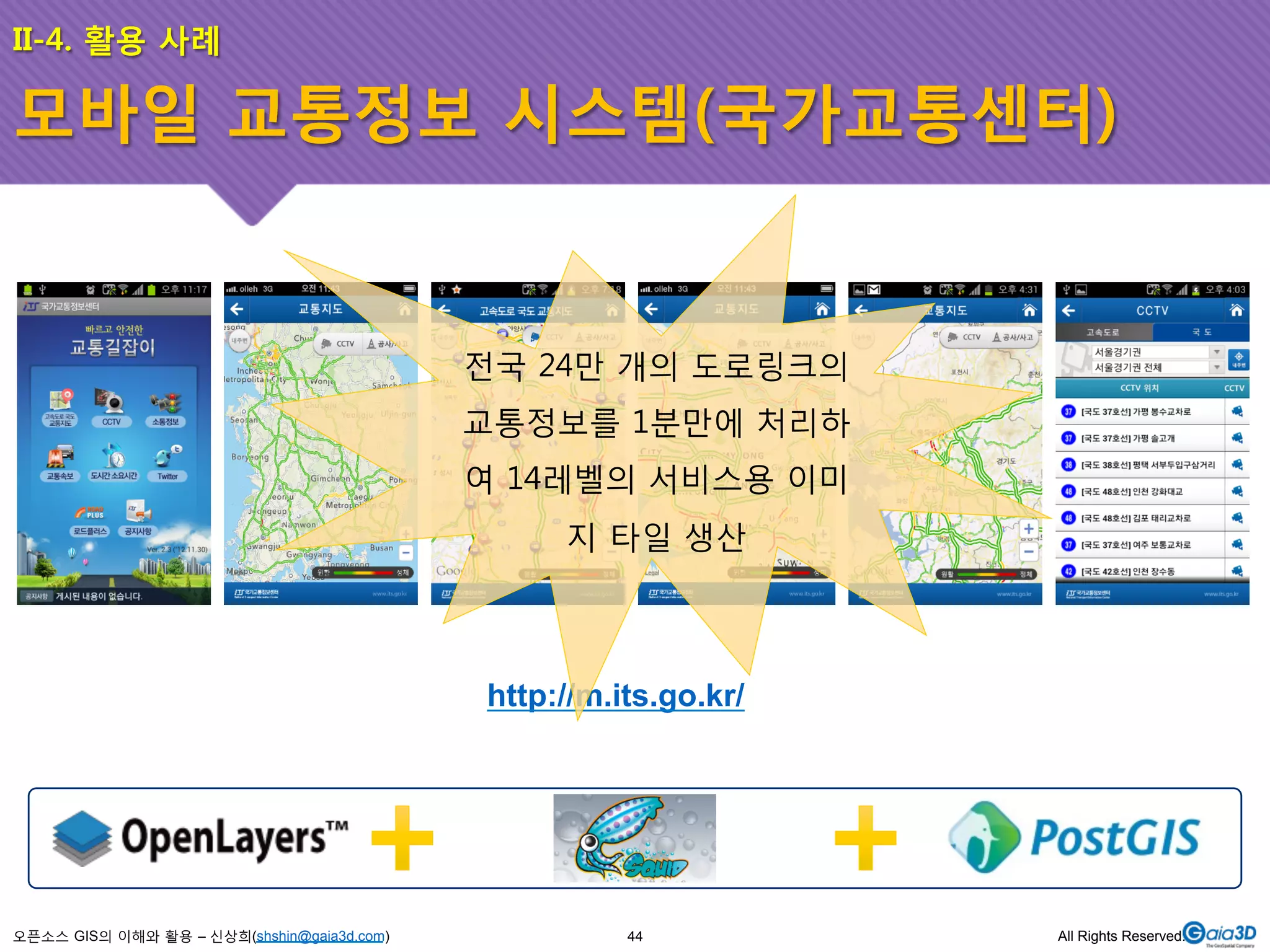 II-4. 활용 사례 
모바일 교통정보 시스템(국가교통센터) 
오픈소스 GIS의 이해와 활용 – 신상희(shshin@gaia3d.com) 
전국 24만 개의 도로링크의 
교통정보를 1분만에 처리하 
여 14레벨의 서비스용 이미 
지 타일 생산 
http://m.its.go.kr/ 
44 All Rights Reserved. 
 