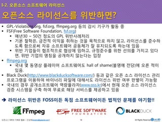 I-2. 오픈소스 소프트웨어 라이선스 
오픈소스 라이선스를 위반하면? 
! GPL-Violations.org, fsf.org, ffmpeg.org 등의 감시 기구가 활동 중 
! FSF(Free Software Foundation, fsf.org) 
! 매년30 ~ 50건 정도의 GPL 위반사례처리 
! 기본 철학은, 금전적 이익을 취하는 것을 목적으로 하지 않고, 라이선스를 준수하 
도록 함으로써 자유 소프트웨어 공동체가 잘 유지되도록 하는데 있음 
! 위반 기업들이 협조적으로 협상에 임하고, 규정준수를 위한 선의를 가지고 있다 
면, 위반 기업의 명칭을 공개하지 않는다는 입장 
! ffmpeg.org 
! 국내 몇 동영상 플레이어 소프트웨어도 hall of shame(불명예 전당)에 오른 적이 
있음. 
! Black Duck(http://www.blackducksoftware.com/) 등과 같은 오픈 소스 라이선스 관리 
프로그램을 이용하여 바이너리 파일에 대해서도 라이선스 위반 여부 판별이 가능함 
! 국내의 경우 공개소프트웨어 역량플라자(www.oss.kr)에서 현재 오픈 소스 라이선스 
검증 시스템을 구축 하여 무료로 해당 서비스를 제공하고 있음 
$ 라이선스 위반은 FOSS이든 독점 소프트웨어이든 법적인 문제를 야기함!! 
오픈소스 GIS의 이해와 활용 – 신상희(shshin@gaia3d.com) 
16 All Rights Reserved. 
 
