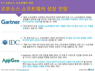 I-4. 오픈소스 소프트웨어 전망 
오픈소스 소프트웨어 성장 전망 
! “응용 소프트웨어 시장에서 2012년까지 5년에 걸쳐 오픈 소스 소프트웨어의 연평균 
성장률이 44%에 이를 것이며, 이에 따라 응용 소프트웨어 시장에서 190억 달러 규모 
의 직간접적인 영향력을 행사할 것”, 2008 
! “2012년까지 모든 상업용 소프트웨어의 80% 가량은 어떤 식으로든 오픈 소스 기술을 
포함하고 있을 것”, 2008 
! “전 세계 오픈 소스 소프트웨어 시장은 2013년까지 연 평균 22.4%의 성장을 기록하 
며 81억 달러 규모의 시장으로 성장할 것”, 2009 
! “IBM, Sun, Dell, HP, Oracle 등과 같은 주요 소프트웨어 업체들은 오픈 소스 소프트웨 
어를 활용하거나 지원함으로써 막대한 간접적 수익을 창출하는 중”, 2009 
! AppGeo는 2012년 시장 전망을 통해, GIS는 더 주류 IT 시장으로 진입할 것이며 모바 
일 기기가 시장의 성장을 추종할 것이라고 전망, 2012 
! Open Source GIS, HTML5, Cloud GIS가 2012년의 기술적 3대 트렌드가 될 것이며, 
특히 Open Source GIS가 상업적 오픈 소스 GIS 업체의 등장과 함께 GIS 시장에서 사 
실상 2등의 역할을 수행할 것이라 예상, 2012 
오픈소스 GIS의 이해와 활용 – 신상희(shshin@gaia3d.com) 
21 All Rights Reserved. 
 