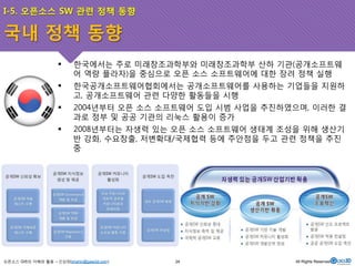 I-5. 오픈소스 SW 관련 정책 동향 
국내 정책 동향 
! 한국에서는 주로 미래창조과학부와 미래창조과학부 산하 기관(공개소프트웨 
어 역량 플라자)을 중심으로 오픈 소스 소프트웨어에 대한 장려 정책 실행 
! 한국공개소프트웨어협회에서는 공개소프트웨어를 사용하는 기업들을 지원하 
고, 공개소프트웨어 관련 다양한 활동들을 시행 
! 2004년부터 오픈 소스 소프트웨어 도입 시범 사업을 추진하였으며, 이러한 결 
과로 정부 및 공공 기관의 리눅스 활용이 증가 
! 2008년부터는 자생력 있는 오픈 소스 소프트웨어 생태계 조성을 위해 생산기 
반 강화, 수요창출, 저변확대/국제협력 등에 주안점을 두고 관련 정책을 추진 
중 
오픈소스 GIS의 이해와 활용 – 신상희(shshin@gaia3d.com) 
24 All Rights Reserved. 
 
