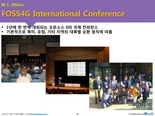 III-1. OSGeo 
FOSS4G International Conference 
! 1년에 한 번씩 개최되는 오픈소스 GIS 국제 컨퍼런스 
! 기본적으로 북미, 유럽, 기타 지역의 대륙별 순환 원칙에 따름 
오픈소스 GIS의 이해와 활용 – 신상희(shshin@gaia3d.com) 
50 All Rights Reserved. 
 