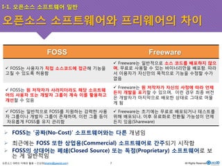 I-1. 오픈소스 소프트웨어 일반 
오픈소스 소프트웨어와 프리웨어의 차이 
FOSS Freeware 
" FOSS는 사용자가 직접 소스코드에 접근해 기능을 
고칠 수 있도록 허용함 
오픈소스 GIS의 이해와 활용 – 신상희(shshin@gaia3d.com) 
" Freeware는 일반적으로 소스 코드를 배포하지 않으 
며, 무료로 사용할 수 있는 바이너리만을 배포함. 따라 
서 이용자가 자신만의 목적으로 기능을 수정할 수가 
없음 
" FOSS는 원 저작자가 사라지더라도 해당 소프트웨 
어의 사용자 또는 개발자 그룹이 계속 이를 활용하고 
개선할 수 있음 
" Freeware는 원 저작자가 자신의 사정에 따라 언제 
든지 개발을 포기할 수 있으며, 이런 경우 최종 버전 
은 개발자가 마지막으로 배포한 상태로 그대로 머물 
게 됨 
" FOSS는 일반적으로 FOSS를 지원하는 강력한 사용 
자 그룹이나 개발자 그룹이 존재하며, 이런 그룹 등이 
자유롭게 FOSS를 유지 관리함 
" Freeware는 초기에는 무료로 배포되거나 테스트를 
위해 배포되나, 이후 유료화로 전환될 가능성이 언제 
든지 있음(Shareware) 
# FOSS는 ‘공짜(No-Cost)’ 소프트웨어와는 다른 개념임 
# 최근에는 FOSS 또한 상업용(Commercial) 소프트웨어로 간주되기 시작함 
# FOSS의 상대어는 폐쇄(Closed Source) 또는 독점(Proprietary) 소프트웨어로 보 
는 게 일반적임 
7 All Rights Reserved. 
 