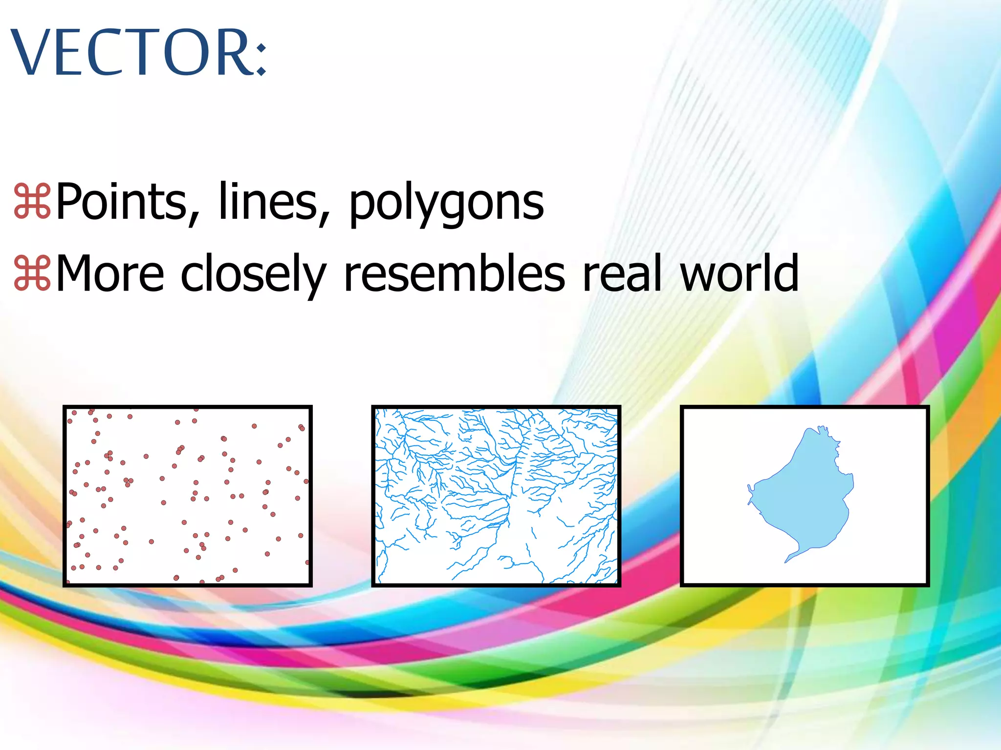 VECTOR:
Points, lines, polygons
More closely resembles real world
 