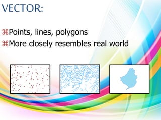 VECTOR:
Points, lines, polygons
More closely resembles real world
 