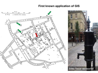 First known application of GIS
John Snow memorial
 