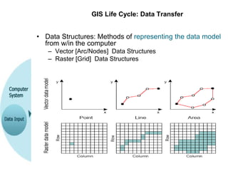 GIS Life Cycle: Data Transfer
• Data Structures: Methods of representing the data model
from w/in the computer
– Vector [Arc/Nodes] Data Structures
– Raster [Grid] Data Structures
 