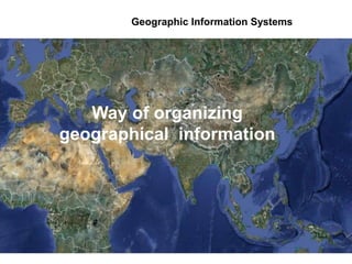 Geographic Information Systems
Way of organizing
geographical information
 