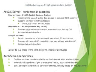 ArcGIS Server: three tiers of capability
Data services: ArcSDE (Spatial Database Engine)
 middleware to support spatial data storage in standard DBMS on server
 Supports all major industry databases:
 Oracle, SQL-Server, IBM DB2, Ingres
Map services: ArcIMS (Internet Map Server)
 Provides maps and simple query to a user without a desktop GIS
 Accessed via web interface
Analytic services:
 Permits the creation of server-based specialized GIS applications
 Provides full range of GIS capabilities to a user without a desktop GIS
 Accessed via web interface
(prior to 9.2 these were sold as three separate products)
ArcGIS On-line Services
 On-line services made available on the Internet with a subscription
 Normally charged on a “per transaction” basis, but can be flat fee
 built and operated by ESRI (or other others), usually based on ArcGIS Server
ESRI Product Line-up: ArcGIS server products (Fall 2007)
 