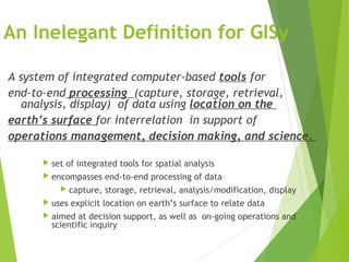 An Inelegant Definition for GISy
A system of integrated computer-based tools for
end-to-end processing (capture, storage, retrieval,
analysis, display) of data using location on the
earth’s surface for interrelation in support of
operations management, decision making, and science.
 set of integrated tools for spatial analysis
 encompasses end-to-end processing of data
 capture, storage, retrieval, analysis/modification, display
 uses explicit location on earth’s surface to relate data
 aimed at decision support, as well as on-going operations and
scientific inquiry
 