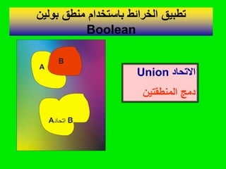 ‫بولٌن‬ ‫منطك‬ ‫باستخدام‬ ‫الخرائط‬ ‫تطبٌك‬
Boolean
‫بولٌن‬ ‫منطك‬ ‫باستخدام‬ ‫الخرائط‬ ‫تطبٌك‬
Boolean
‫االتحاد‬
Union
‫المنطمتٌن‬ ‫دمج‬
 