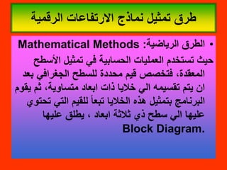 •
‫الرٌاضٌة‬ ‫الطرق‬
:
Mathematical Methods
‫األسطح‬ ‫تمثٌل‬ ً‫ف‬ ‫الحسابٌة‬ ‫العملٌات‬ ‫تستخدم‬ ‫حٌث‬
‫بعد‬ ً‫الجغراف‬ ‫للسطح‬ ‫محددة‬ ‫لٌم‬ ‫فتخصص‬ ،‫المعمدة‬
‫ٌموم‬ ‫ثم‬ ،‫متساوٌة‬ ‫ابعاد‬ ‫ذات‬ ‫خالٌا‬ ً‫ال‬ ‫تمسٌمه‬ ‫ٌتم‬ ‫ان‬
‫تحتوي‬ ً‫الت‬ ‫للمٌم‬ ‫تبعا‬ ‫الخالٌا‬ ‫هذه‬ ‫بتمثٌل‬ ‫البرنامج‬
‫علٌها‬ ‫ٌطلك‬ ، ‫ابعاد‬ ‫ثالثة‬ ‫ذي‬ ‫سطح‬ ً‫ال‬ ‫علٌها‬
Block Diagram.
‫الرلمٌة‬ ‫االرتفاعات‬ ‫نماذج‬ ‫تمثٌل‬ ‫طرق‬
 