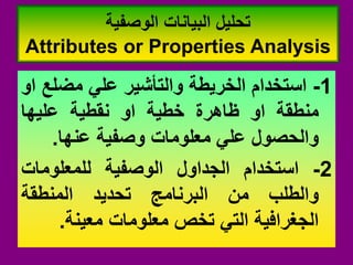 1
-
‫استخدام‬
‫الخرٌطة‬
‫والتأشٌر‬
ً‫عل‬
‫مضلع‬
‫او‬
‫منطمة‬
‫او‬
‫ظاهرة‬
‫خطٌة‬
‫او‬
‫نمطٌة‬
‫علٌها‬
‫والحصول‬
ً‫عل‬
‫معلومات‬
‫وصفٌة‬
‫عنها‬
.
2
-
‫استخدام‬
‫الجداول‬
‫الوصفٌة‬
‫للمعلومات‬
‫والطلب‬
‫من‬
‫البرنامج‬
‫تحدٌد‬
‫المنطمة‬
‫الجغرافٌة‬
ً‫الت‬
‫تخص‬
‫معلومات‬
‫معٌنة‬
.
‫الوصفٌة‬ ‫البٌانات‬ ‫تحلٌل‬
Attributes or Properties Analysis
 