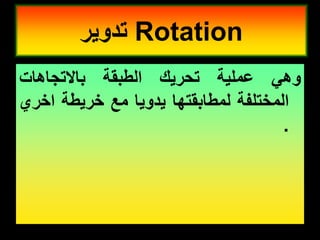 ً‫وه‬
‫عملٌة‬
‫تحرٌن‬
‫الطبمة‬
‫باالتجاهات‬
‫المختلفة‬
‫لمطابمتها‬
‫ٌدوٌا‬
‫مع‬
‫خرٌطة‬
‫اخري‬
.
Rotation
‫تدوٌر‬
 